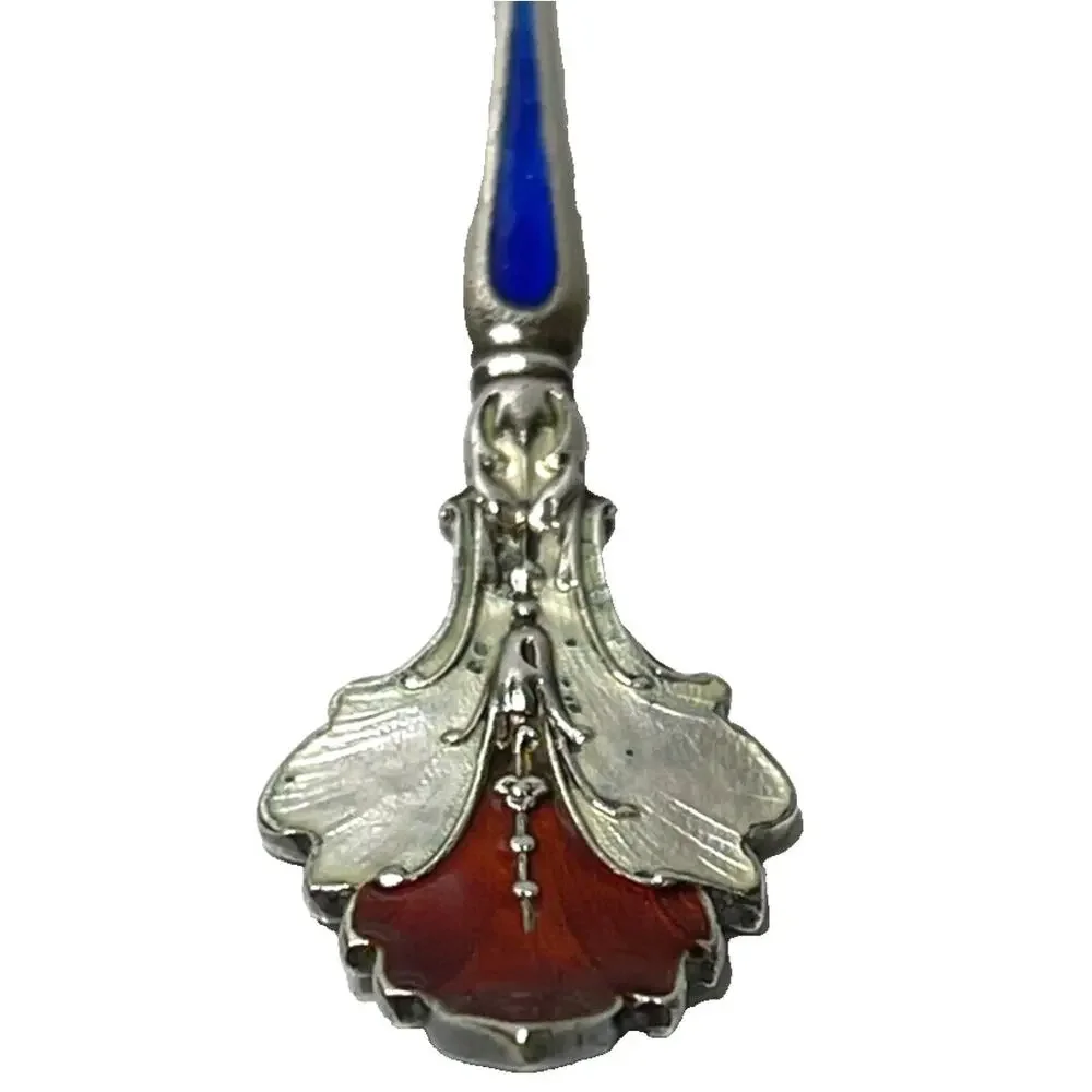 Rare Antique Silver Souvenir Spoon 4.7 inch Red Blue Enamel Handle Collectable
